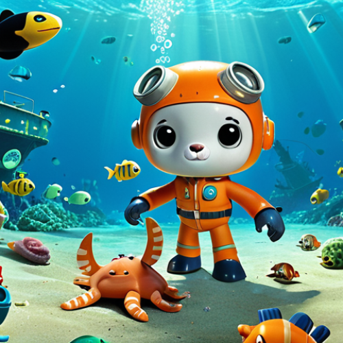 Home 11 **Prompt:** The Octonauts team (Captain Barnacles, Kwazii, Peso) are carefully collecting plastic debris from a massive trash vortex in the ocean, rescuing sea creatures tangled in the plastic. Educational scene, vibrant colors, underwater setting.