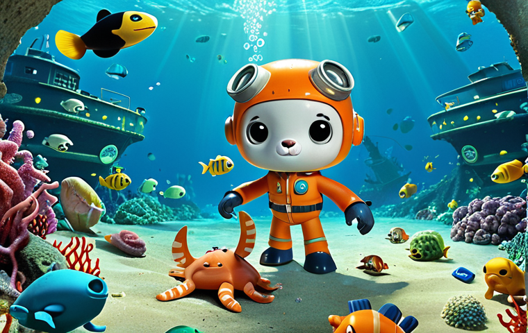 **Prompt:** The Octonauts team (Captain Barnacles, Kwazii, Peso) are carefully collecting plastic debris from a massive trash vortex in the ocean, rescuing sea creatures tangled in the plastic. Educational scene, vibrant colors, underwater setting.
