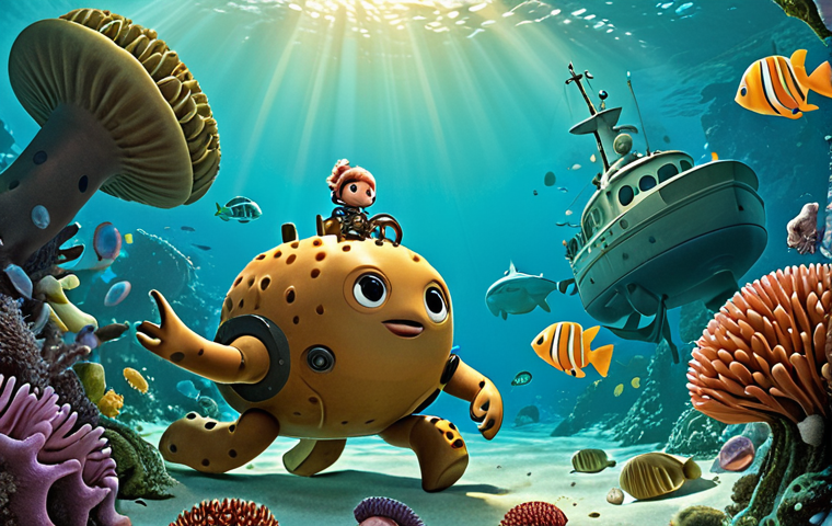 **
A vibrant illustration of Captain Barnacles leading Kwazii and Peso through a kelp forest teeming with diverse marine life. Sea urchins are visible on the kelp, but the Octonauts are actively relocating them using the Gup-A, demonstrating a sustainable solution. The overall scene should convey a sense of urgency and ecological balance.
**