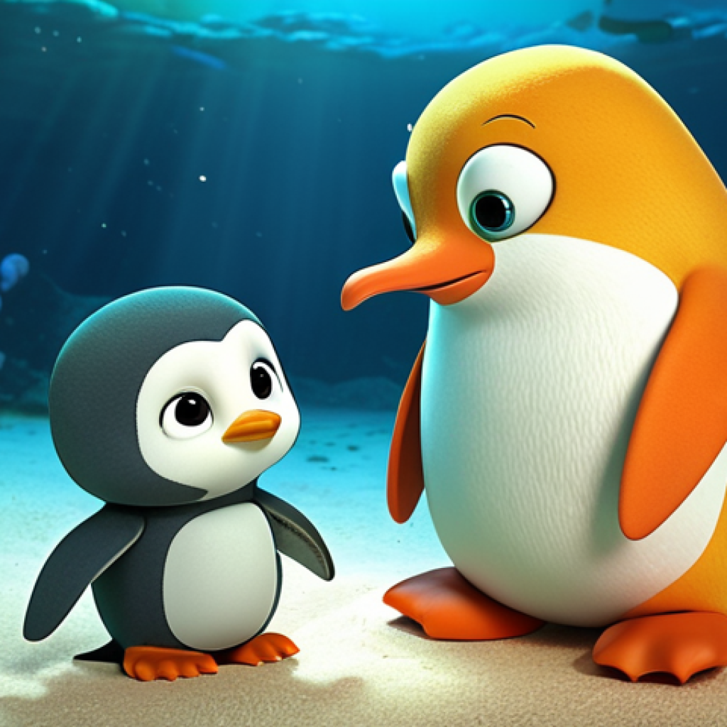 A heartwarming scene featuring Peso the penguin medic from Octonauts. He is gently comforting a small, distressed sea creature, perhaps a scared seahorse or a confused starfish, in a soft, luminescent underwater environment. Peso's expression is calm and empathetic, his flippers extended in a reassuring gesture that conveys trust and emotional support. The lighting is warm, highlighting the genuine connection and the subtle magic of empathy. Child-friendly animation style, high detail.