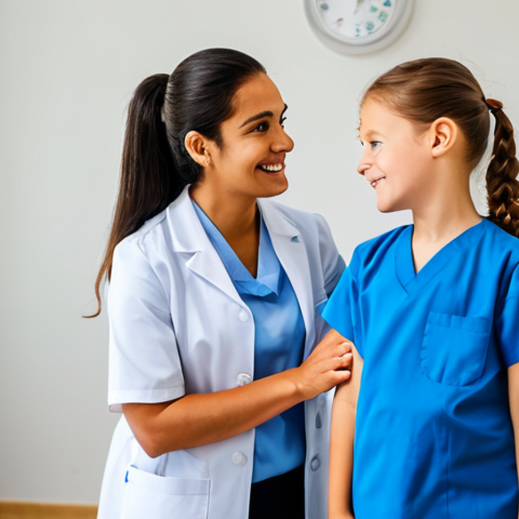 A professional, kind healthcare provider, a woman with a gentle demeanor, wearing a modest, clean medical uniform. She is calmly interacting with a young person (around 8-10 years old) who is fully clothed in appropriate attire, offering a reassuring presence in a brightly lit, modern medical clinic. The setting emphasizes psychological safety and comfort, with soft, natural lighting. Perfect anatomy, correct proportions, natural pose, well-formed hands, proper finger count, natural body proportions, professional photography, high resolution, safe for work, appropriate content, fully clothed, modest, family-friendly.