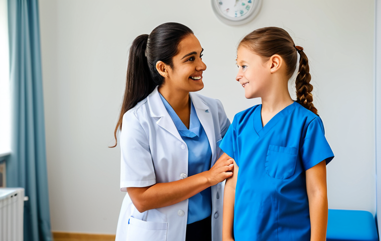 A professional, kind healthcare provider, a woman with a gentle demeanor, wearing a modest, clean medical uniform. She is calmly interacting with a young person (around 8-10 years old) who is fully clothed in appropriate attire, offering a reassuring presence in a brightly lit, modern medical clinic. The setting emphasizes psychological safety and comfort, with soft, natural lighting. Perfect anatomy, correct proportions, natural pose, well-formed hands, proper finger count, natural body proportions, professional photography, high resolution, safe for work, appropriate content, fully clothed, modest, family-friendly.