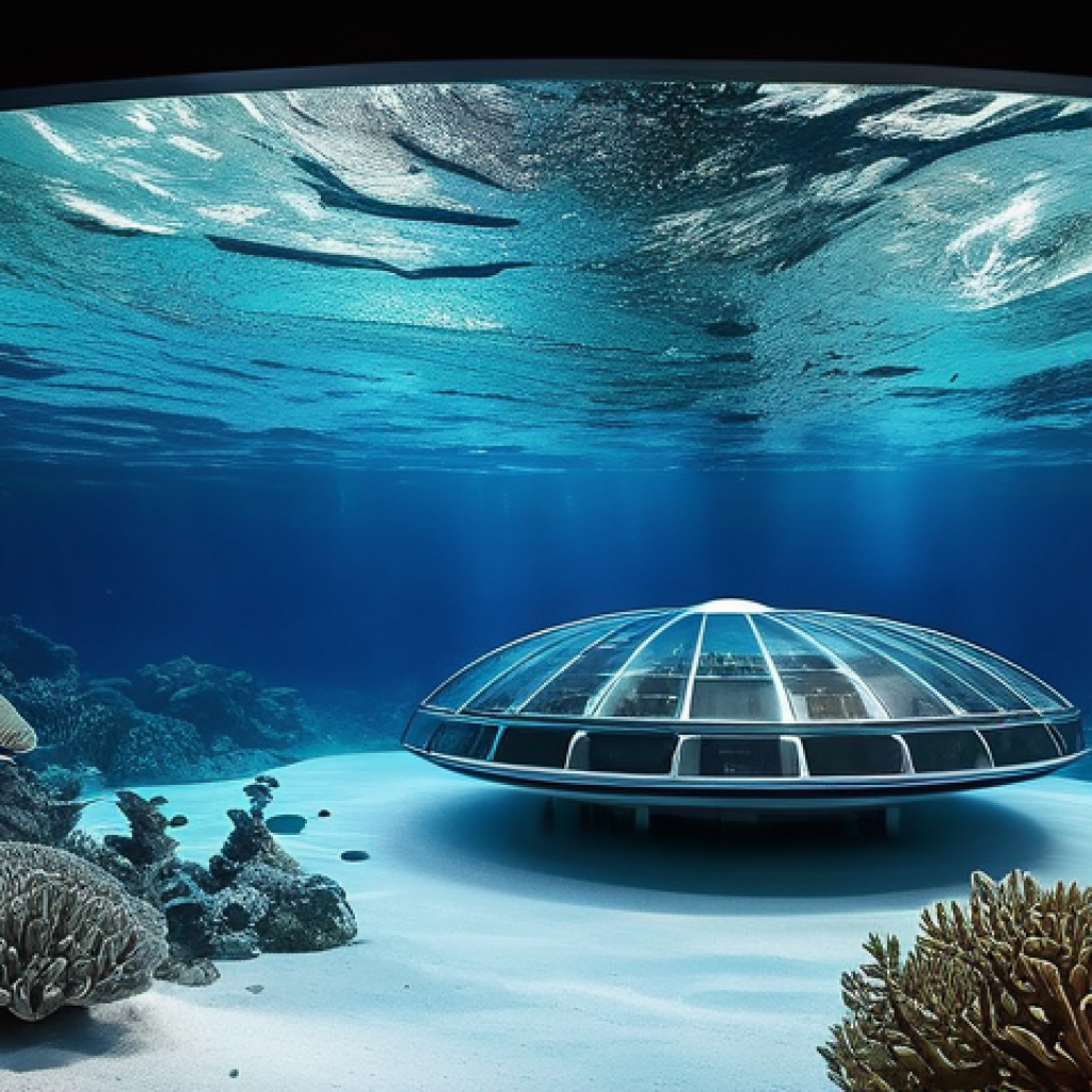 옥토넛 기지의 건축학적 분석 - A breathtaking wide-angle exterior shot of a futuristic, highly modular underwater research base. Th...