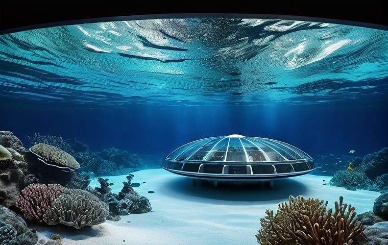 옥토넛 기지의 건축학적 분석 - A breathtaking wide-angle exterior shot of a futuristic, highly modular underwater research base. Th...