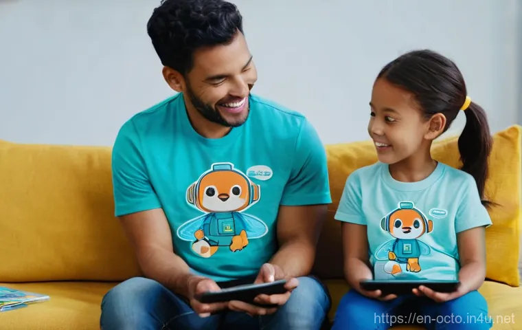 옥토넛 관련 유명 유튜브 리뷰 - **Prompt:** A heartwarming scene of a parent and a child (around 4-6 years old) sitting together on ...