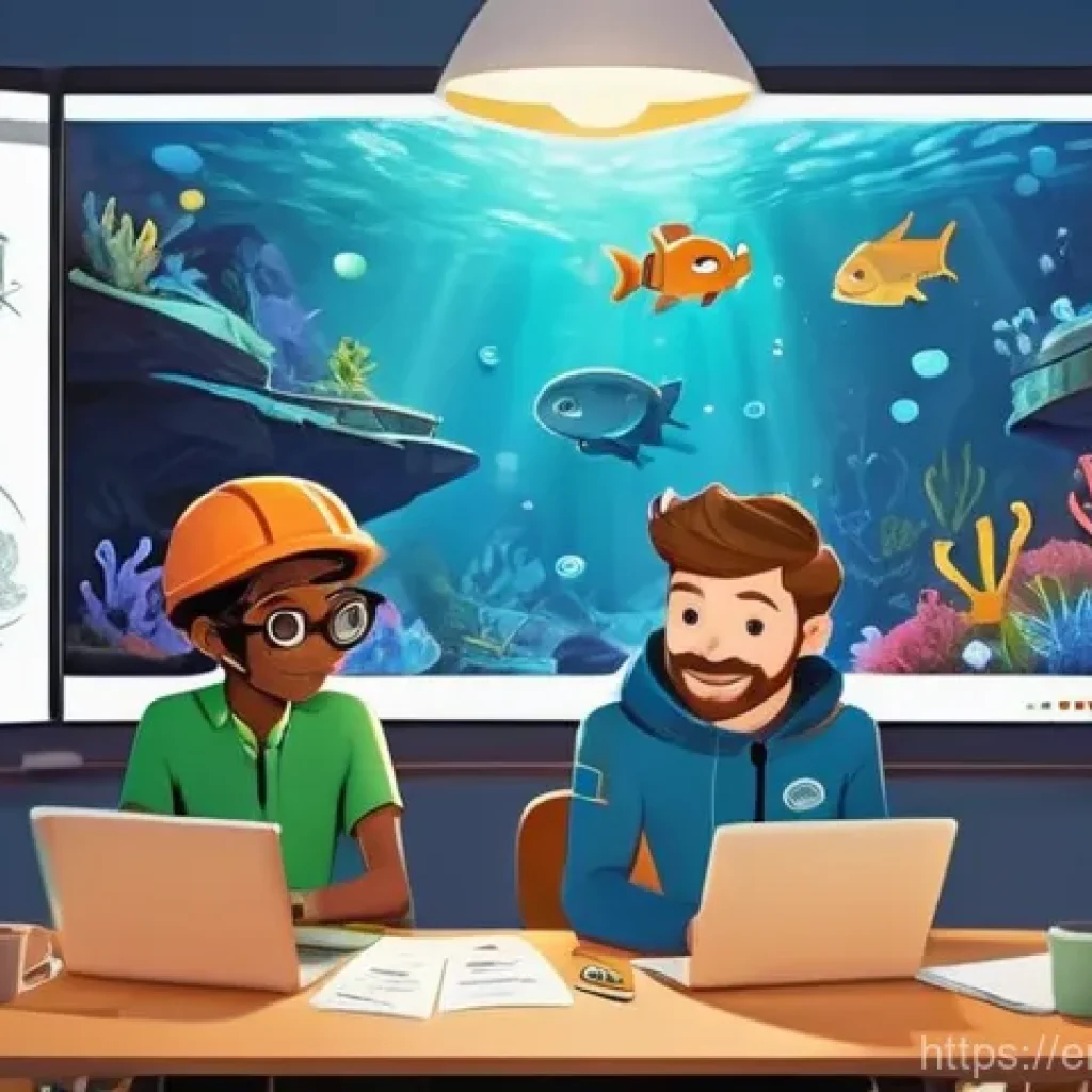 옥토넛 제작과정에서의 난관 - **Collaborative Storytelling in an Animation Studio:**
    "A vibrant, medium shot in a modern anima...