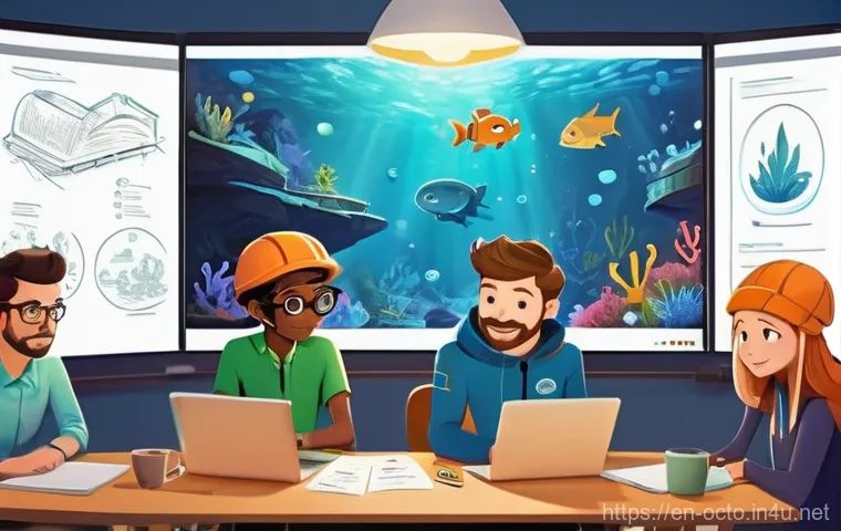 옥토넛 제작과정에서의 난관 - **Collaborative Storytelling in an Animation Studio:**
    "A vibrant, medium shot in a modern anima...