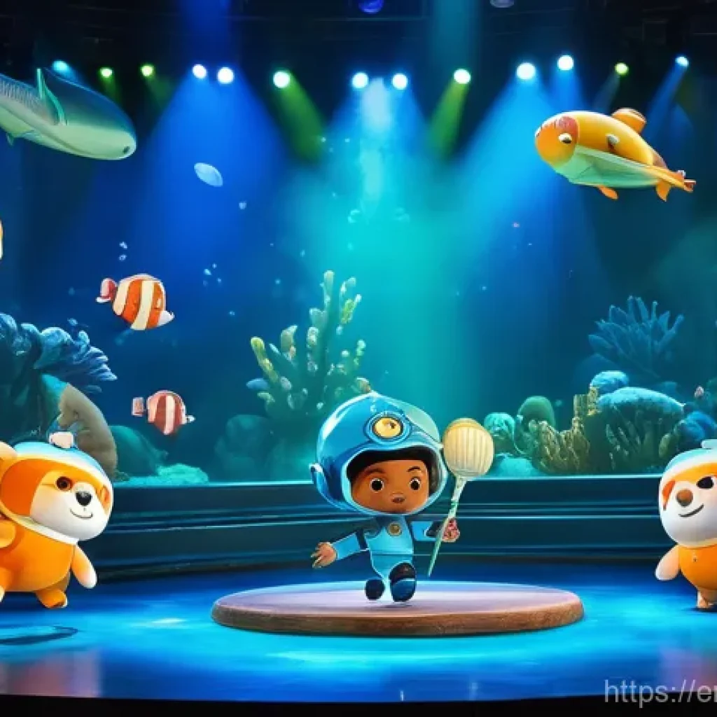 옥토넛 관련 공식 팬 이벤트 - **Prompt:** A vibrant, high-energy scene depicting Captain Barnacles, Kwazii, and Peso on a brightly...