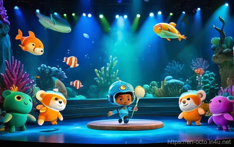 옥토넛 관련 공식 팬 이벤트 - **Prompt:** A vibrant, high-energy scene depicting Captain Barnacles, Kwazii, and Peso on a brightly...