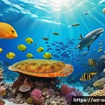 옥토넛 퀘이지와 해양 모험 - A vibrant underwater coral reef scene bustling with diverse marine life, including colorful fish, se...