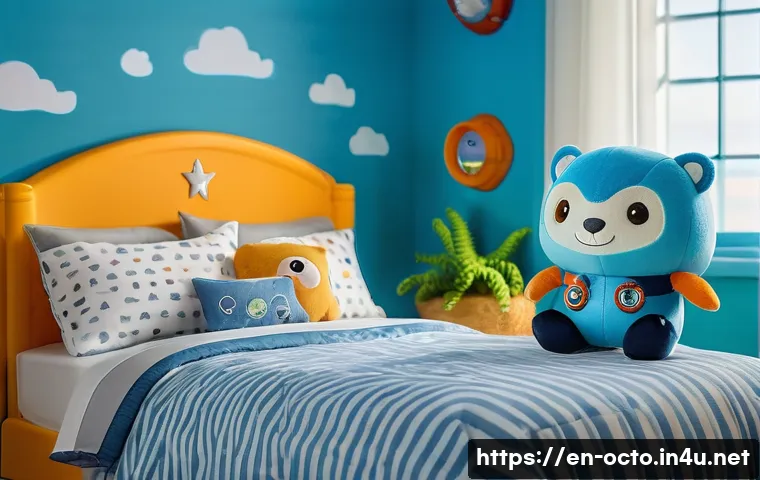 옥토넛 인기 굿즈 추천 - A cozy scene featuring a medium-sized Octonauts plush toy collection displayed on a child&rsquo;s bed, sho...