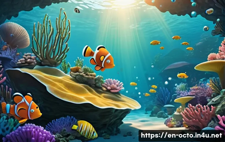 옥토넛 팬덤의 독특한 문화 - A vibrant digital fan art scene featuring the Octonauts crew exploring a colorful coral reef teeming...