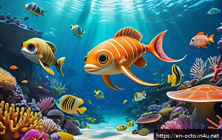 옥토넛과 전통 해양 전설 비교 - A vibrant underwater scene featuring a friendly giant squid inspired by the Octonauts, surrounded by...