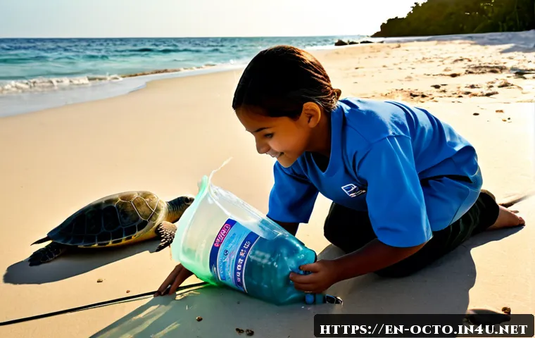 옥토넛과 해양환경 보호 캠페인 - Photorealistic coastal conservation campaign, diverse elementary-age children and friendly adult mar...